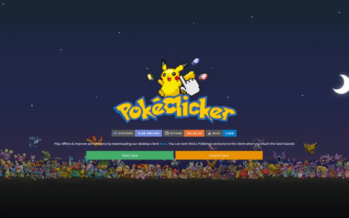 新規セーブと読込を表示するPokéClicker公式開始画面