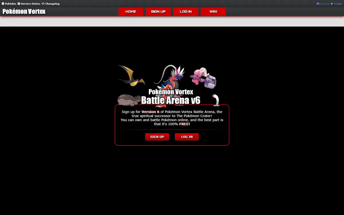 登録とログインを表示するPokémon Vortex公式トップページ