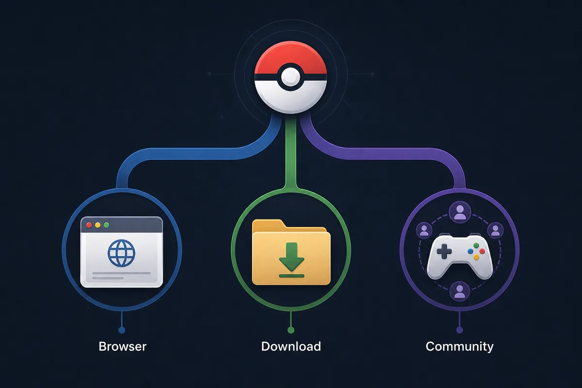 Editorial comparison graphic showing browser, download, and community paths for Pokemon fan games