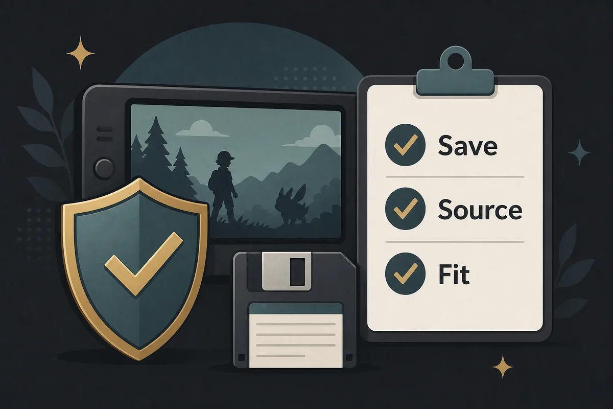 Editorial safety checklist graphic for choosing Pokemon fan games by save, source, and fit