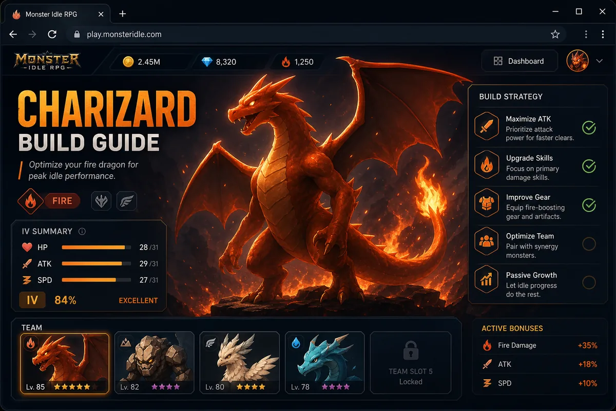 Pokechill Charizard Build Guide mit IV Balken, Team Slots und Upgrade Prioritaten