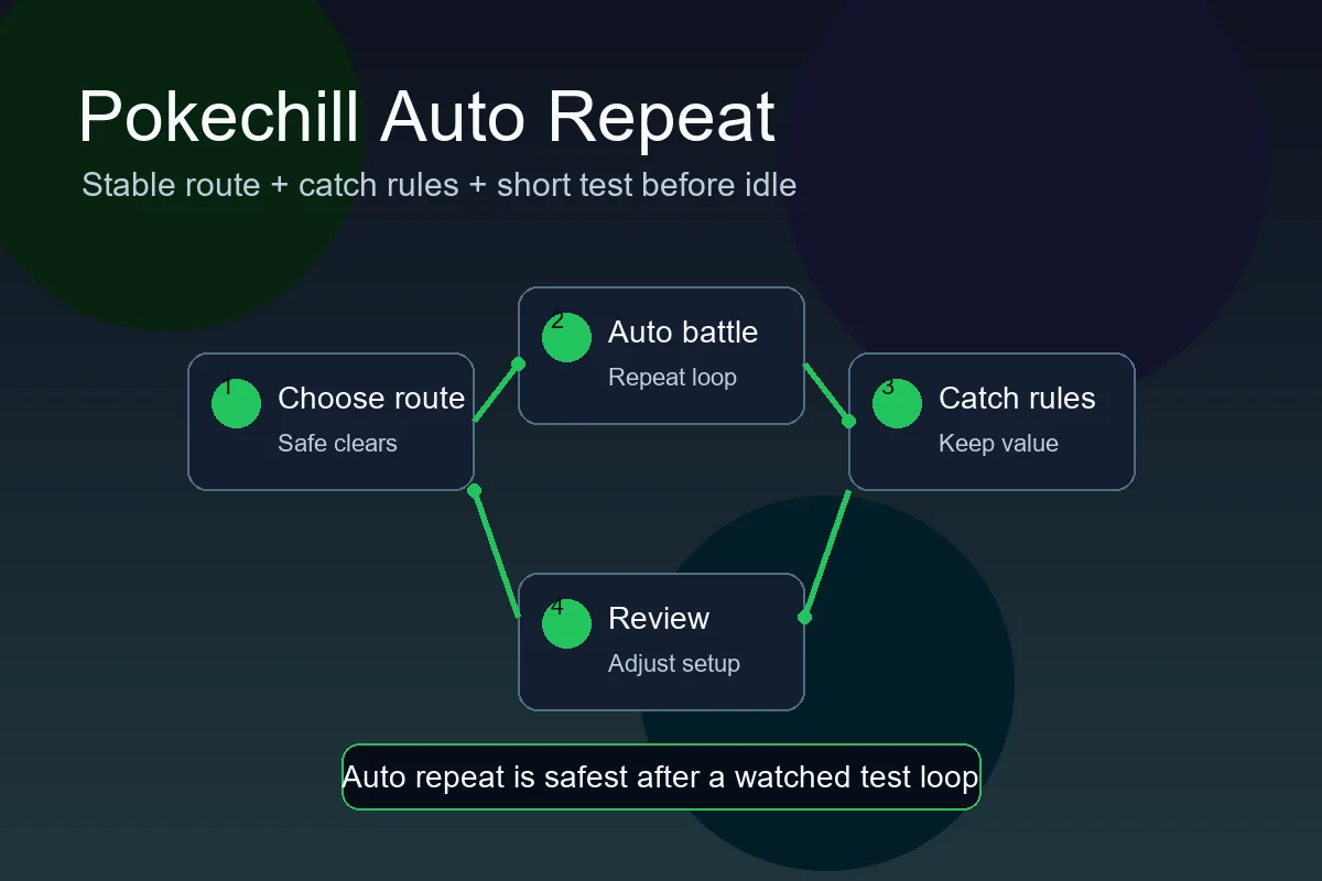 Diagramma della guida auto repeat Pokechill con battaglie automatiche, route, catture e controllo notturno