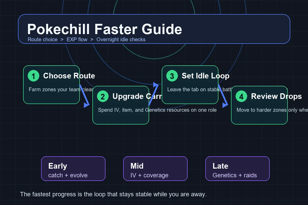 Pokechill faster guide route map showing leveling routes, upgrade cards, and an overnight idle progress loop