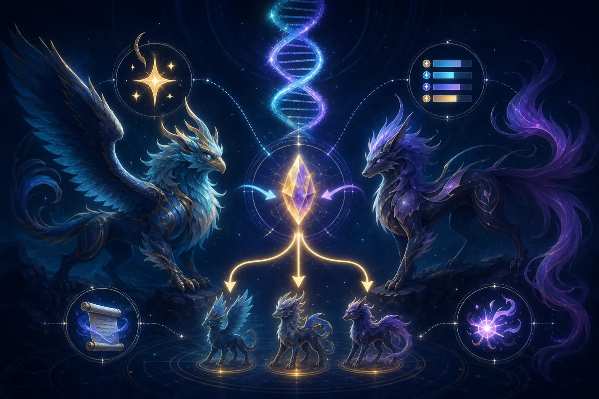Diagrama editorial de herencia Genetics con dos criaturas, ADN, cristal de rasgo, símbolo shiny y barras de IV