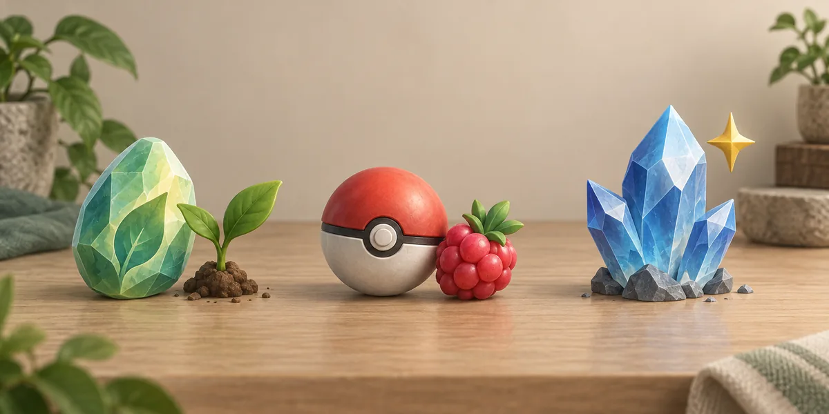 Drei Pokechill-Itemgruppen mit Evolutionsmaterial, Fangkugel und Optimierungskristall