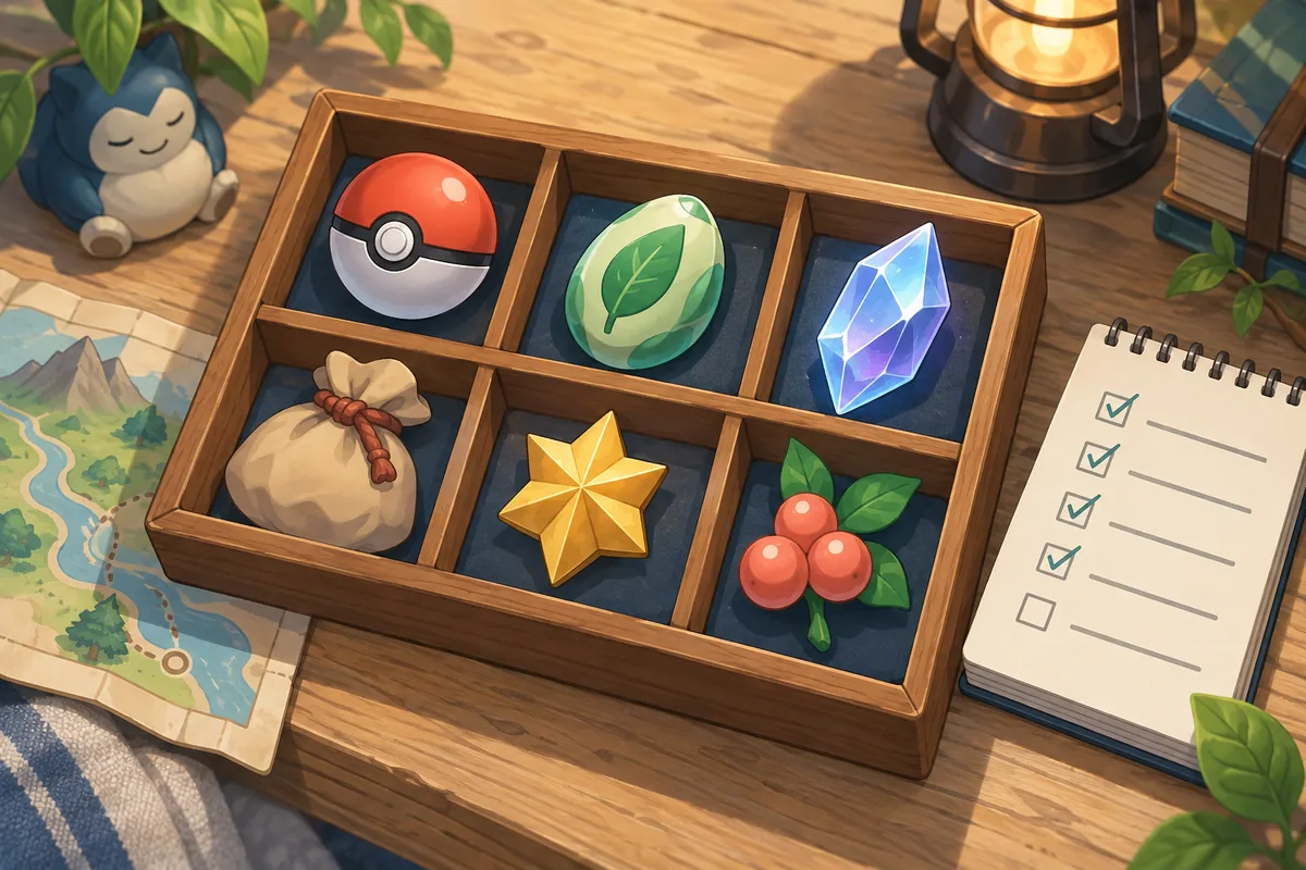 Pokechill-Ressourcen in einem redaktionellen Inventar neben Routenkarte und Checkliste