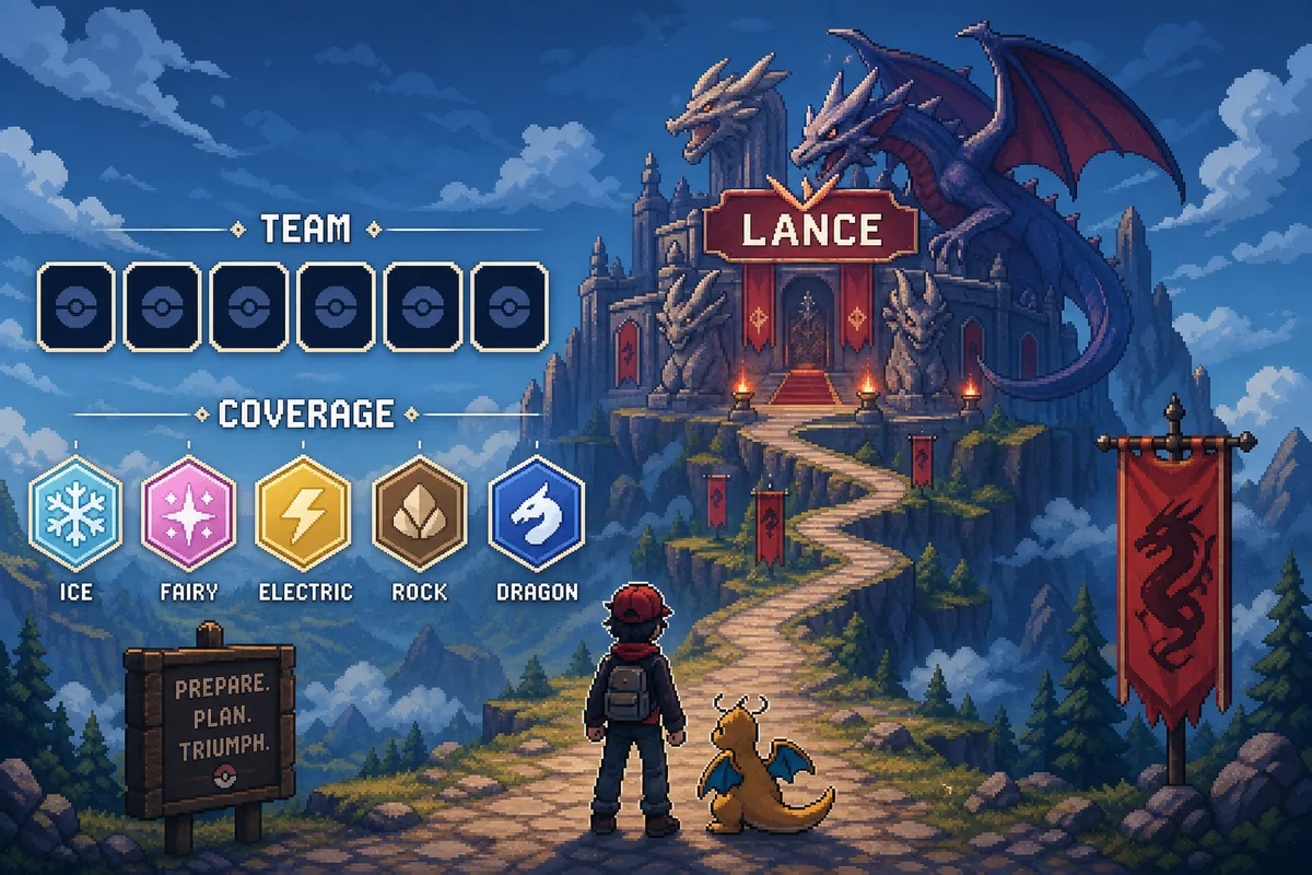 Redaktionelle Pokechill Lance Guide Illustration mit Drachenarena, Teamplätzen und Coverage-Planung