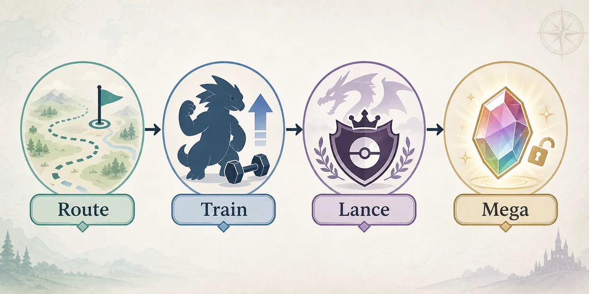 Pokechill Mega path editorial timeline showing route, train, Lance, and Mega steps