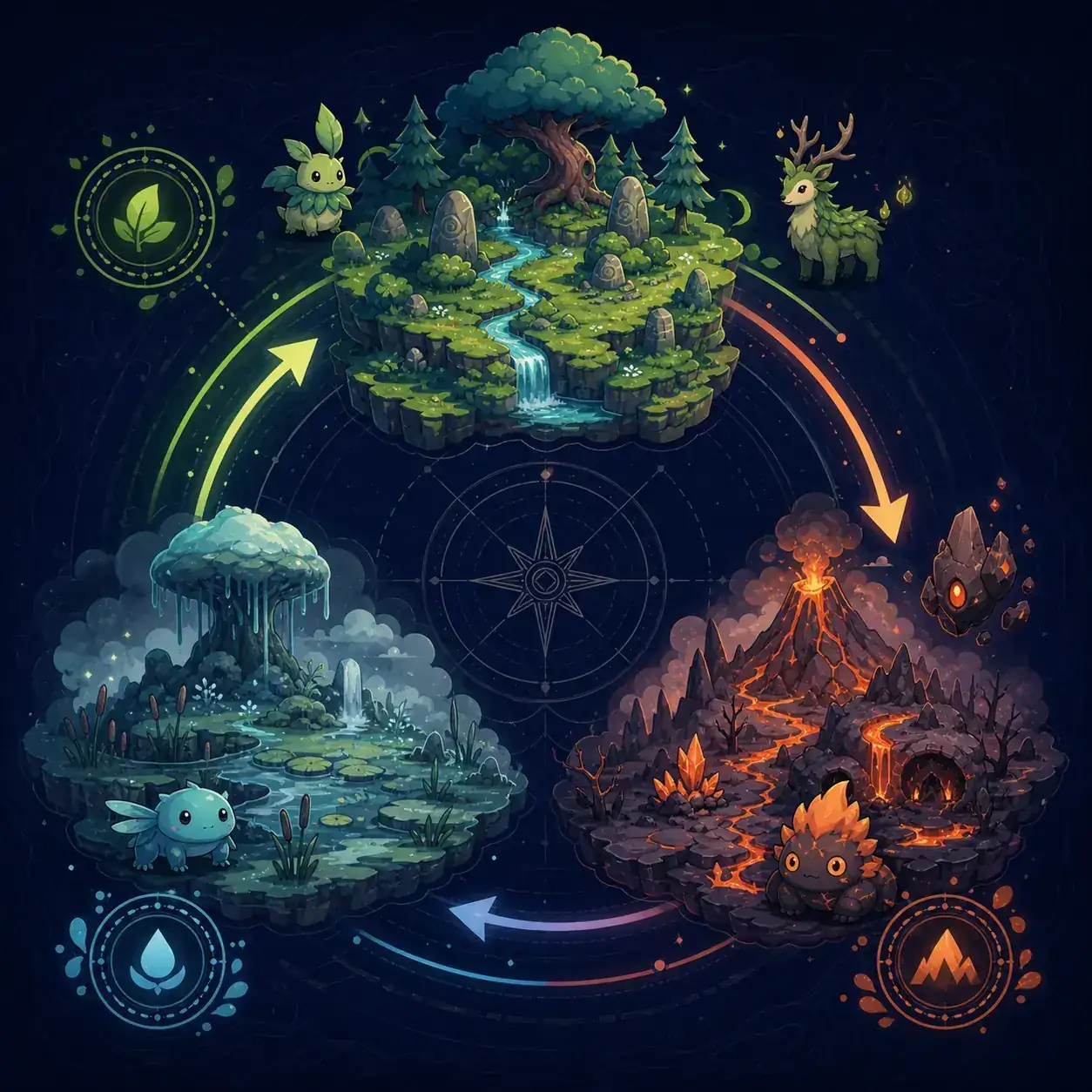 Mappa illustrata della Pokechill rotation che collega tre aree selvagge
