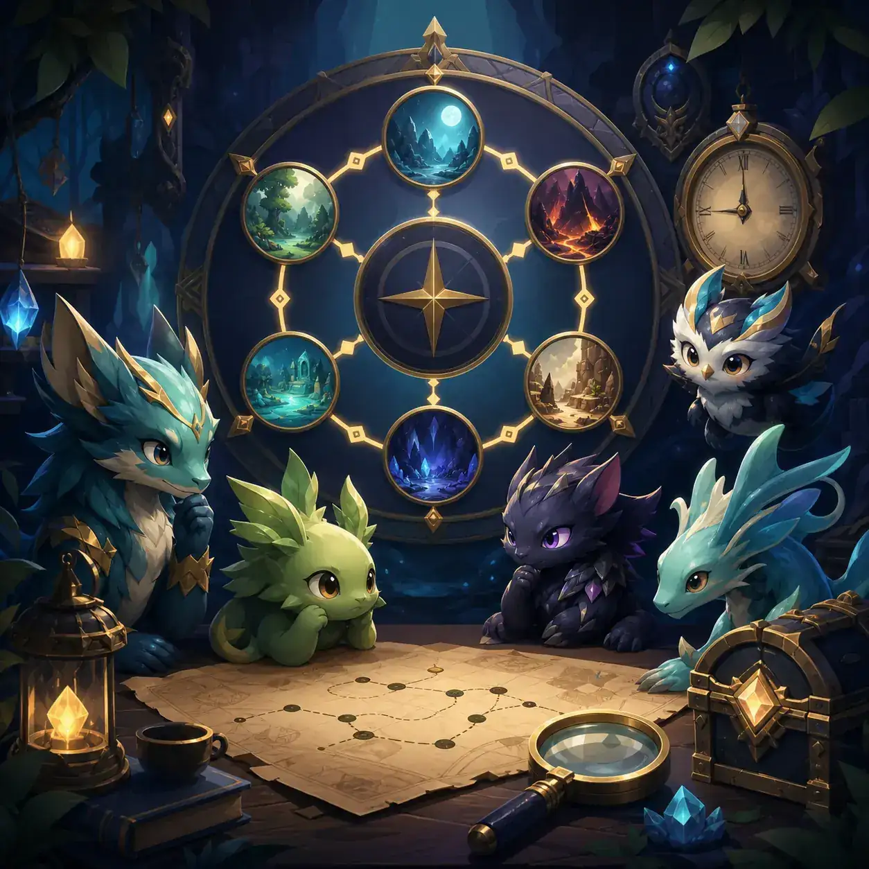 Ruota di route Pokechill con orologio, mappa, team e ricompensa per il controllo prima dell'idle