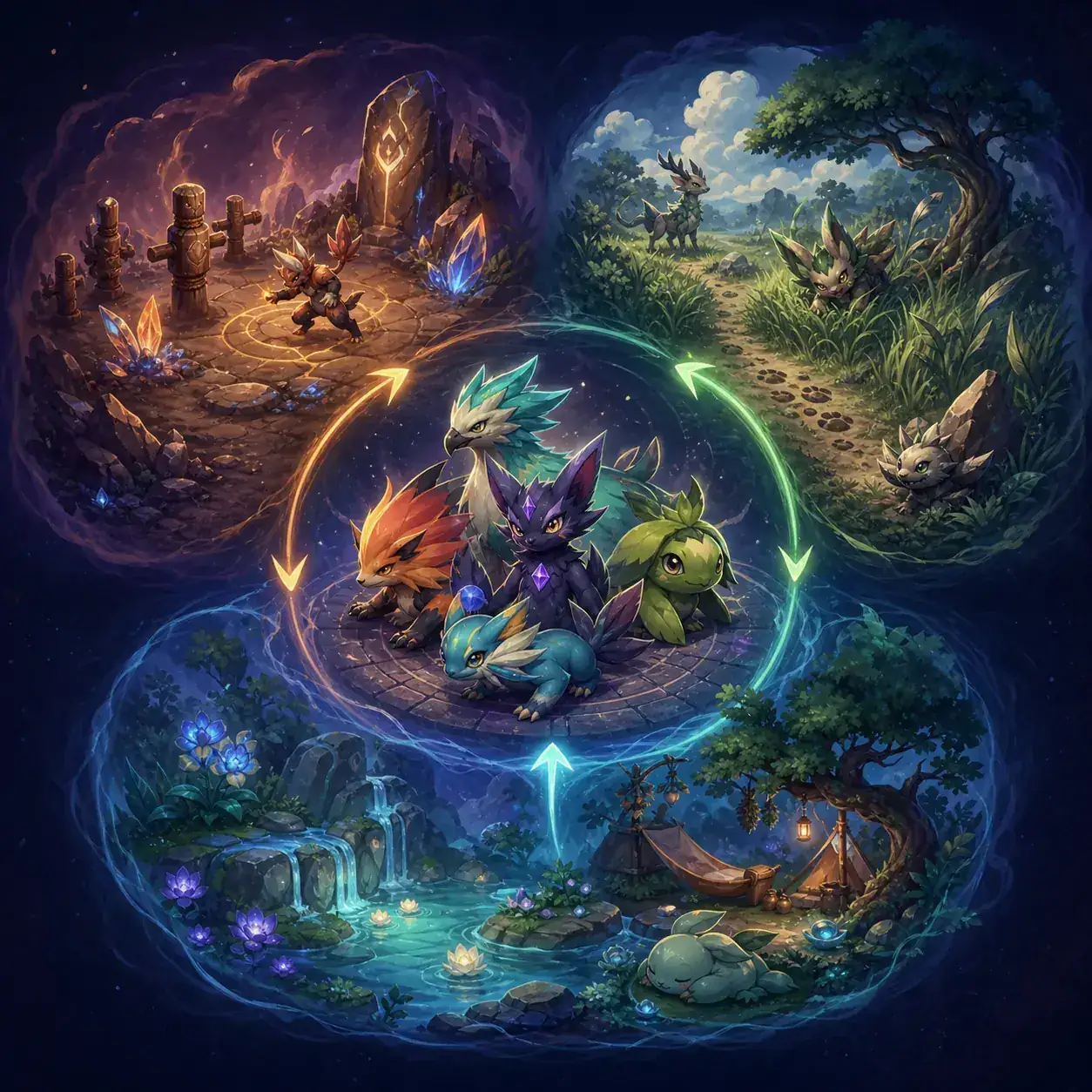 Scena illustrata di pianificazione del team Pokechill per route diverse