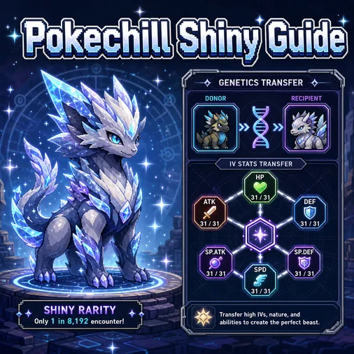Illustration du guide chromatique Pokechill montrant une créature chromatique rare à côté d’un panneau de génétique et de transfert d’IV