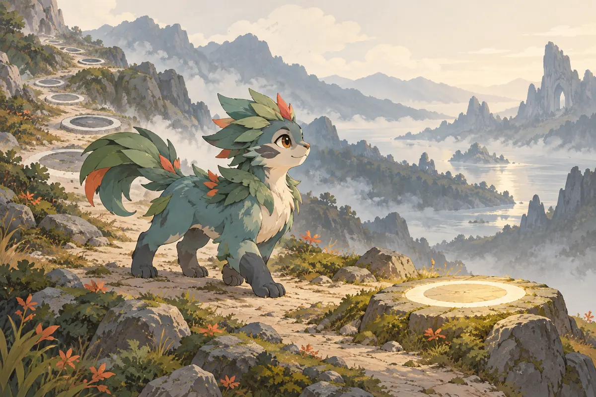 Concept illustration of a fantasy creature reaching a final move milestone on a branching battle path