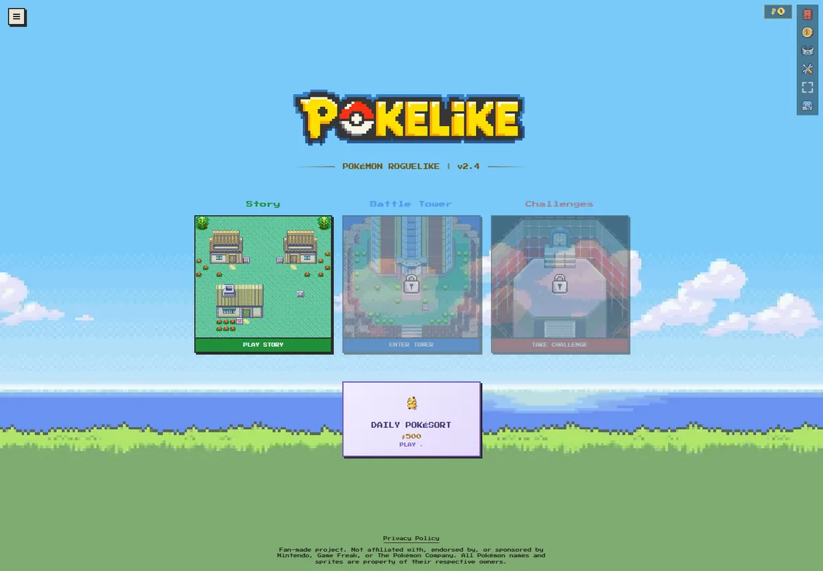 Menu oficial de Pokelike v2.4 com História, Torre de Batalha e Desafios