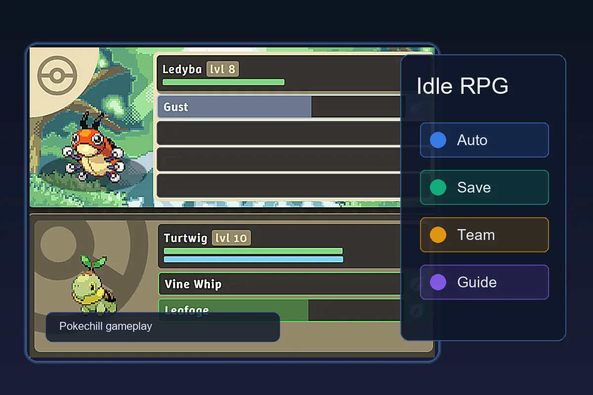 Pokechill gameplay screenshot edited into a Pokemon idle games comparison guide visual