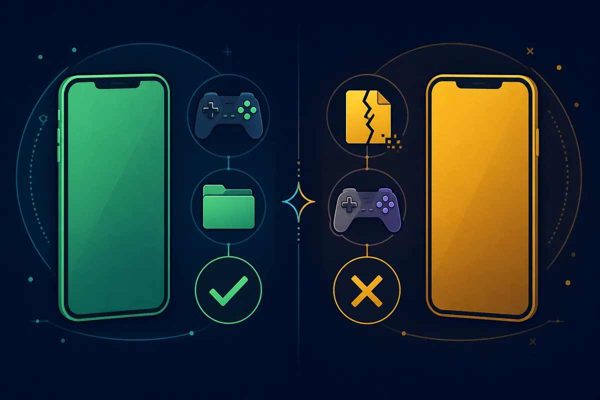 Comparación editorial entre una configuración RPGXP compatible en Android y un proyecto con archivo roto o controles incompatibles