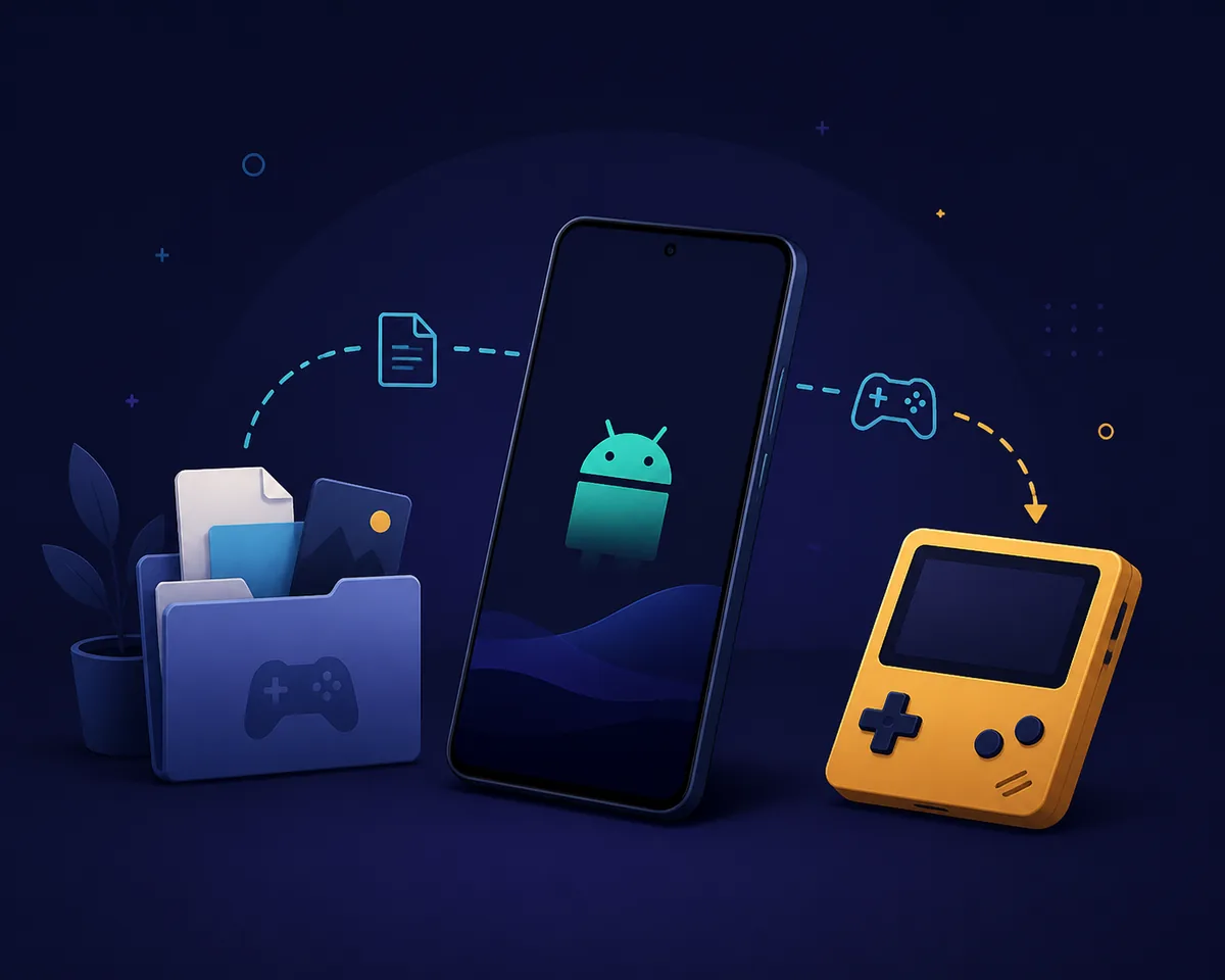 Ilustración editorial de un teléfono Android conectado con una carpeta de juego y controles para configurar RPGXP