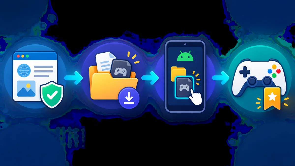 Diagrama editorial de cuatro etapas: verificar la fuente, extraer la carpeta, seleccionar el juego en Android y probar el mando